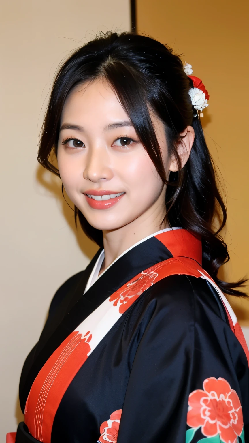 ((highest quality、8k、masterpiece:1.3))、Photoreal, sharp focus, High level image quality, High resolution,portrait, one person、Japanese、woman, beautiful woman, (((japanese kimono)))、30 years old, Plump, medium long hair,smile