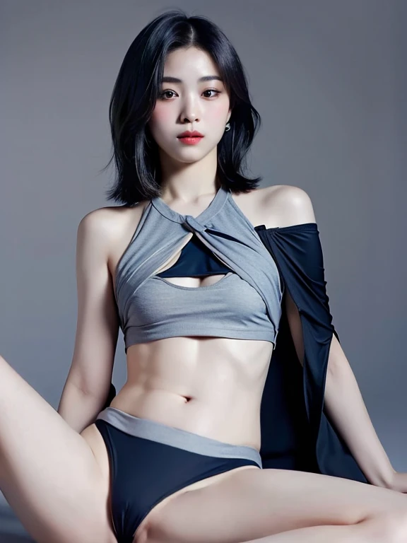 highest quality, masterpiece, Ultra-high resolution, (Realistic:1.5), RAW Photos, simple gray background、In the Dark, Deep Shadow, Cold Light, sexy look, short hair,(((Swimwear, Lift your chest、Beautiful belly button, Spread your legs、Small breasts)))