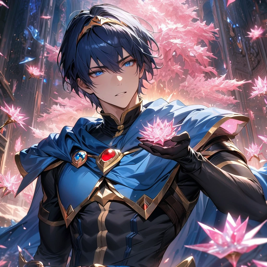 absurdres, highres, ultra detailed, HDR, masterpiece, extremely detailed face and eyes, Marth, dark blue hair, expressive blue eyes, Fire Emblem, solo, sexy man, handsome, blue cape, black tight shirt, patterns, toned chest, black gloves, pink ice trees, pink ice flowers, pink ice butterflies, water