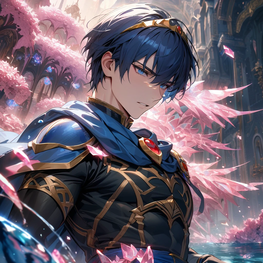 absurdres, highres, ultra detailed, HDR, masterpiece, extremely detailed face and eyes, Marth, dark blue hair, expressive blue eyes, Fire Emblem, solo, sexy man, handsome, blue cape, black tight shirt, patterns, toned chest, black gloves, pink ice trees, pink ice flowers, pink ice butterflies, water