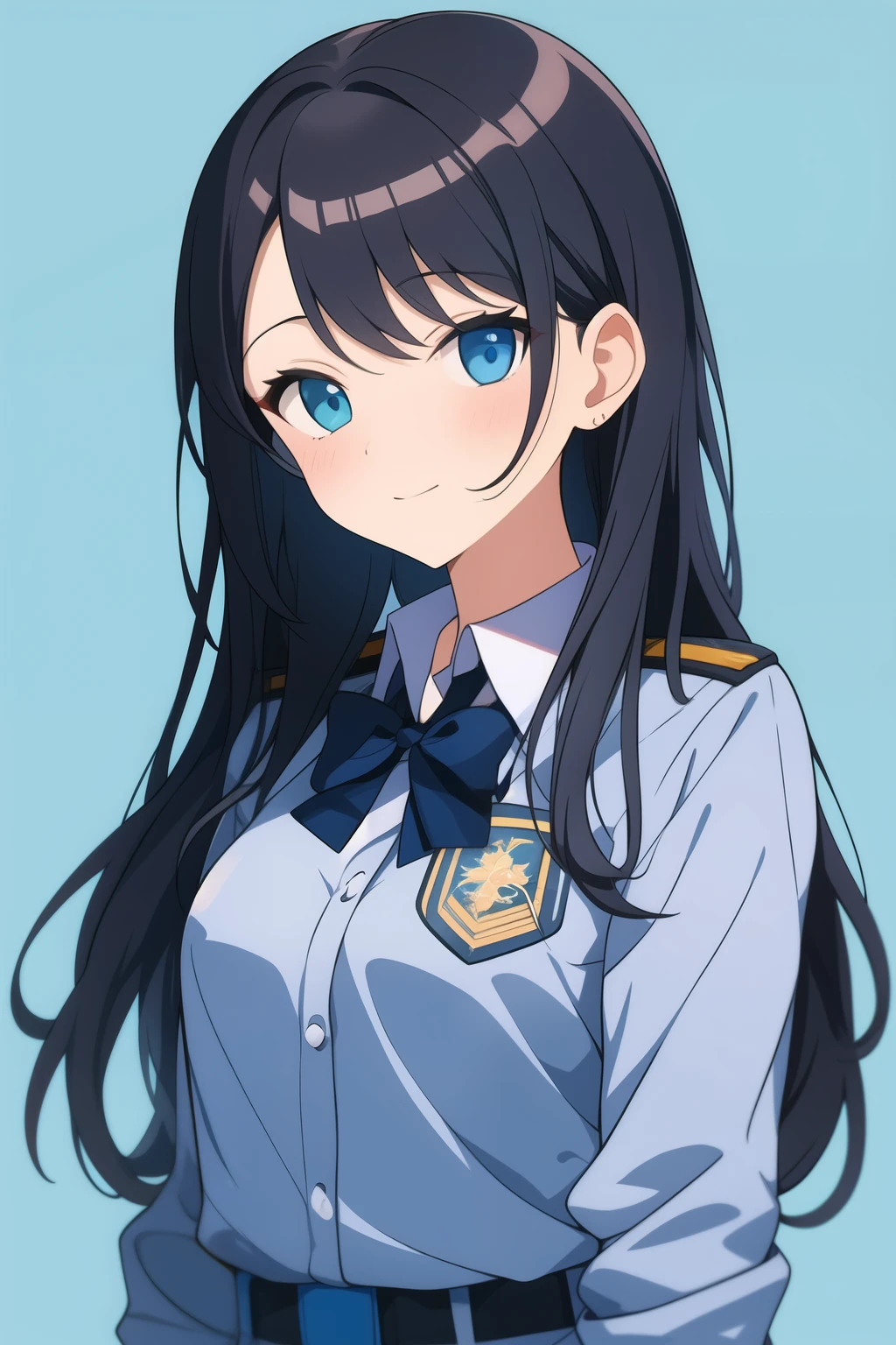 una chica usando su uniforme de colegio militar el cual es azul marino con una camisa celeste en un estilo grafico de dibujo a lapz
