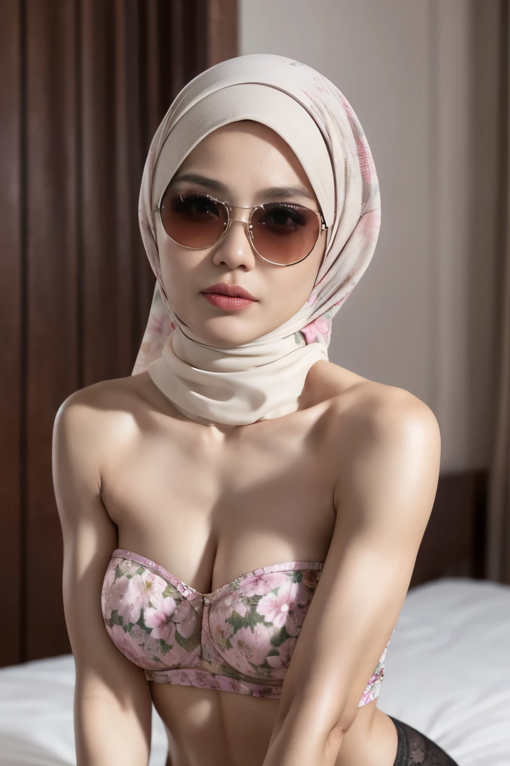 Bodybuilder Naked, (((HIJAB MALAY GIRL))), masutepiece, High quality, UHD 32K, Realistic face, Realistic skin feeling , A Japanese Lady, ***********, , Very cute and baby-like face, (((FLAT CHEST))), (MATRIX WORLD), ((look In front  at the camera and SADNESS)), ((())), (((CUTE GIRL))), ((PINK LIPS)), ((wering strapless Floral Pattern)) little Bodybuilder, ((flat chest:1.5)), (((sunglasses)))