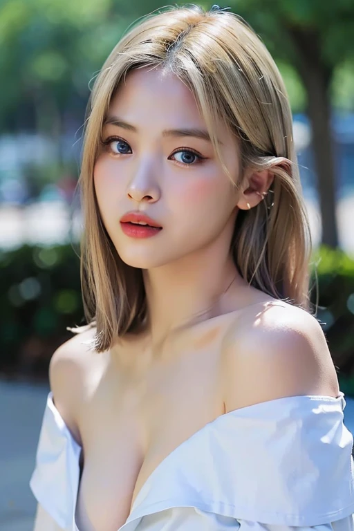 highest quality、masterpiece、超A high resolution、(Photorealistic:1.4)、RAW Photos、One girl、Blonde、blue eyes、Eyes and facial details、((Off the shoulder、Too much exposed skin、Cleavage Emphasis))
