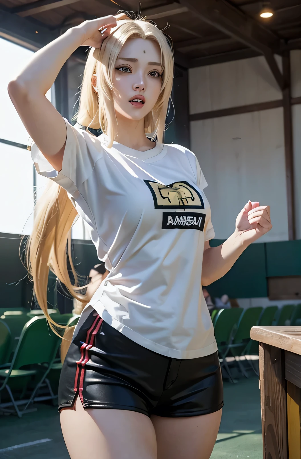 1 woman, tsunade senju in anime naruto shippuden, long hair , yellow hair, yellow eyes, big bust, laugh, happy, beautiful, cheerleader, Dance, wearing a red tight t-shirt, wearing white short hot pants, realistic clothes, detail clothes, baseball field audience seats background, ultra detail, realistic