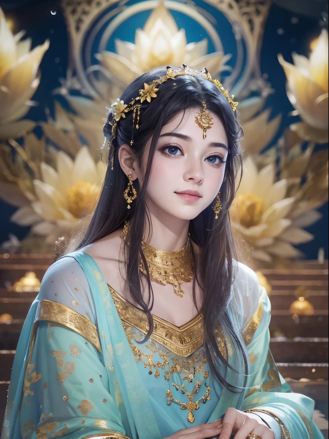 highest quality，masterpiece：1.2，detailed details，A beautiful young goddess looks straight ahead and stares with wide eyes.，Smiling Kindly. She is meditating in prayer with folded hands. She was wearing a white dress with stars shining against the blue night sky., You sit on a lotus flower，In a wonderful atmosphere，I feel like I&#39;m one with the universe.. High resolution, 8k