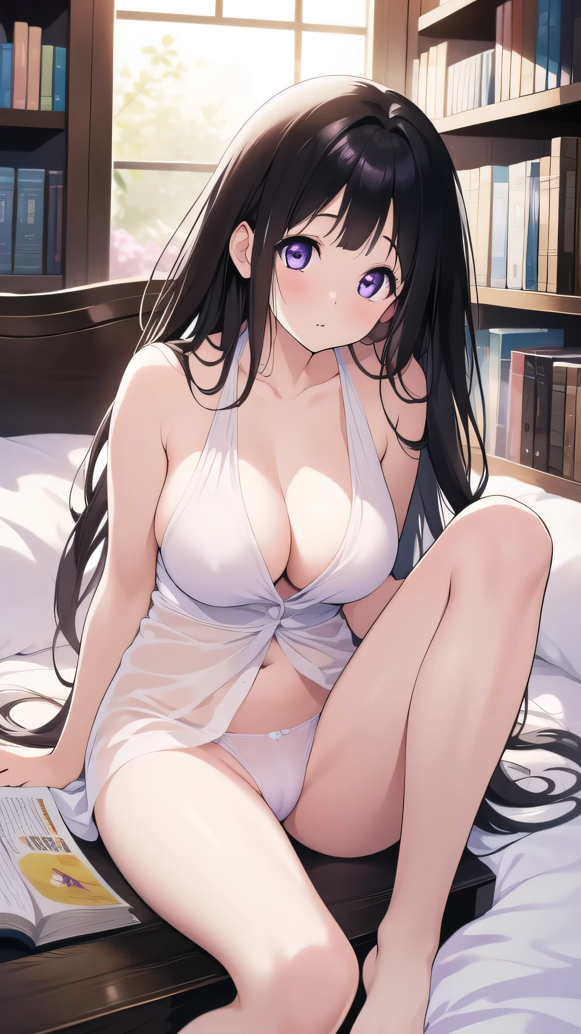 Amazing Chitanda, There is only one beautiful girl,Purple Eyes, Black Hair, Naturally straight hair, Straight bangs,Extremely refined,open your lips,Face is so red,The skin is very white,big eyes,Long flowing hair,beautiful girl, Like a dream,Slim,Soft, (Sensual), (Kawaii), Dream quality,In the library,Lie down and read,No clothes,Completely naked,Beautiful big breasts,No pants,Delicate clavicle,Delicate hands and feet,Bare neck,Bare thighs,Exposing the groin,Camel toe,Bare legs,barefoot,extremely shy,Ultra-high resolution, (masterpiece:1.2, best quality), (Delicate and beautiful eyes: 1.2), (Beautiful and delicate face)