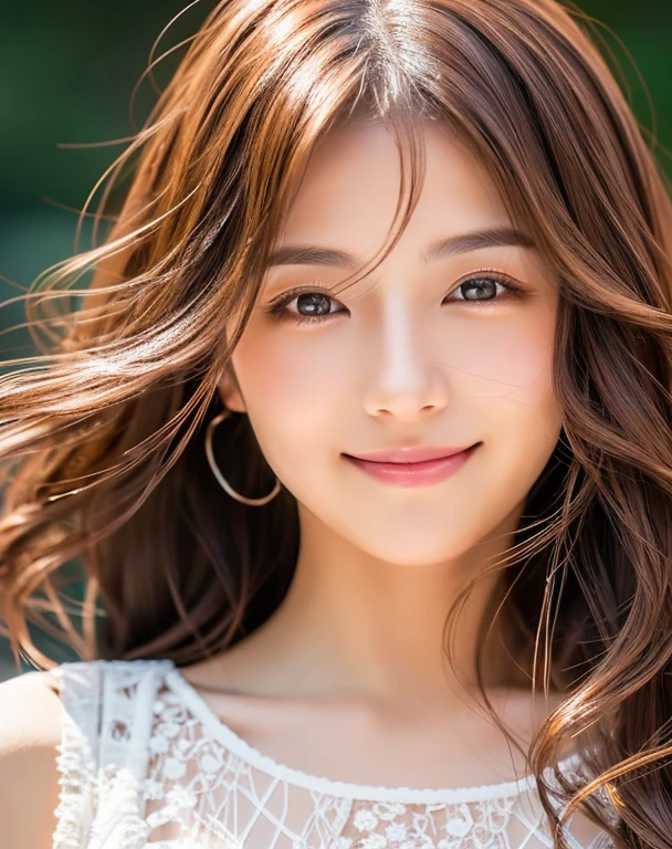 Beautiful Japanese Women Intricately colored fine hair Brown Hair Long Hair Delicate and beautiful eyes Smooth and soft skin A kind smile White lace dress stream Asahi Professional Photographer Professional Lighting