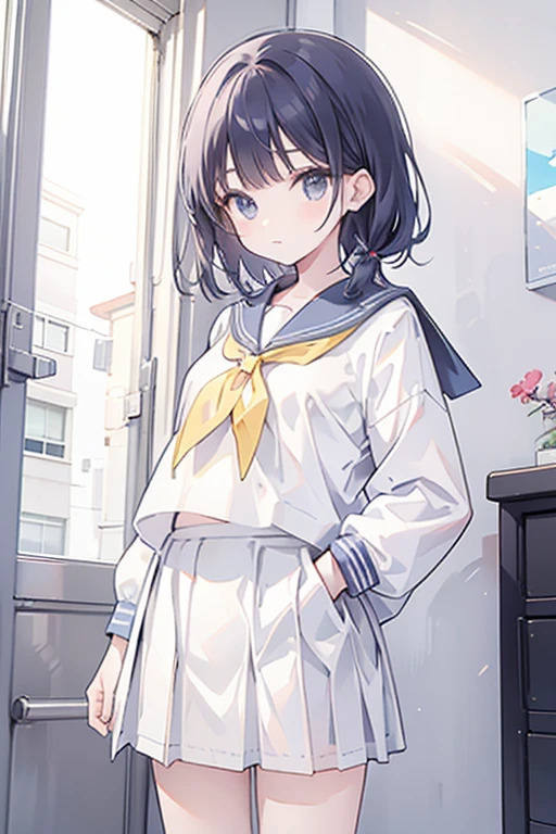 girl,  sailor suit, wearing a pleated skirt over short white frill inner Petit Pants, lift skirt