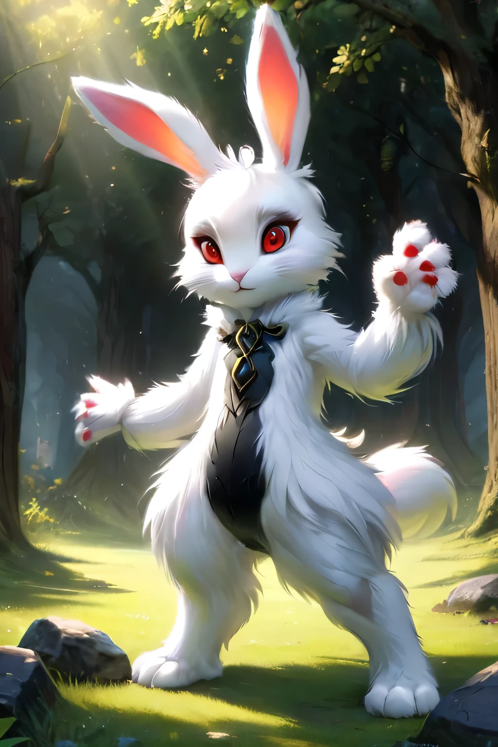 fantasy art , 8K, HD, Creature magic,white,red eyes,male,boy,cute,pretty,rabbit,standing,anthro,white furry,looking in the camera,fluffy hands,masterpiece,perfect art