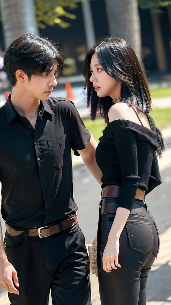 1 woman and 1 man walking together on campus, couple, Short hair, medium chest, black hair, bare shoulders, women jewelry accessories, brown eyes, Nail art, black pantyhose, chapped lips, black one piece, Waist belt, shirt, pants worn by men, lover, Skinship between a man and a woman, face to face conversation, shy expression
