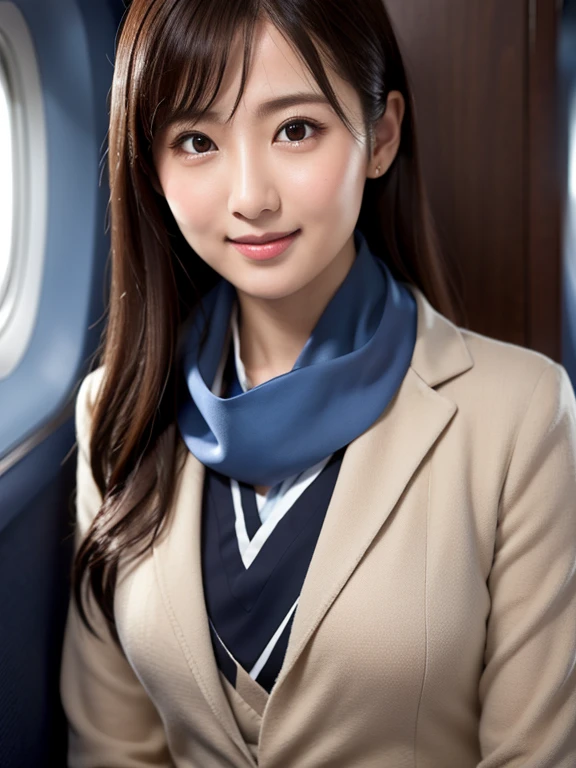 (Realistic:1.3), In detail, quality, Rembrandt Lighting, (masterpiece:1.2), (photoRealistic:1.2), (best quality), (Detailed skin:1.3), (Intricate details), dramatic, Ray Tracing, One girl, Japanese Girls,31 years old,cute、若い顔 Detailed skin texture, (blush:0.5),  smile, Medium chest, Roll Up Hair,stewardess、（ANA uniform:1.4）（ANA Uniforms:1.4）, Gray Uniform, (Blue Shirt:1.2), (Blue neck scarf:1.3), whole body, (Brightly lit, airplane cabin),   
