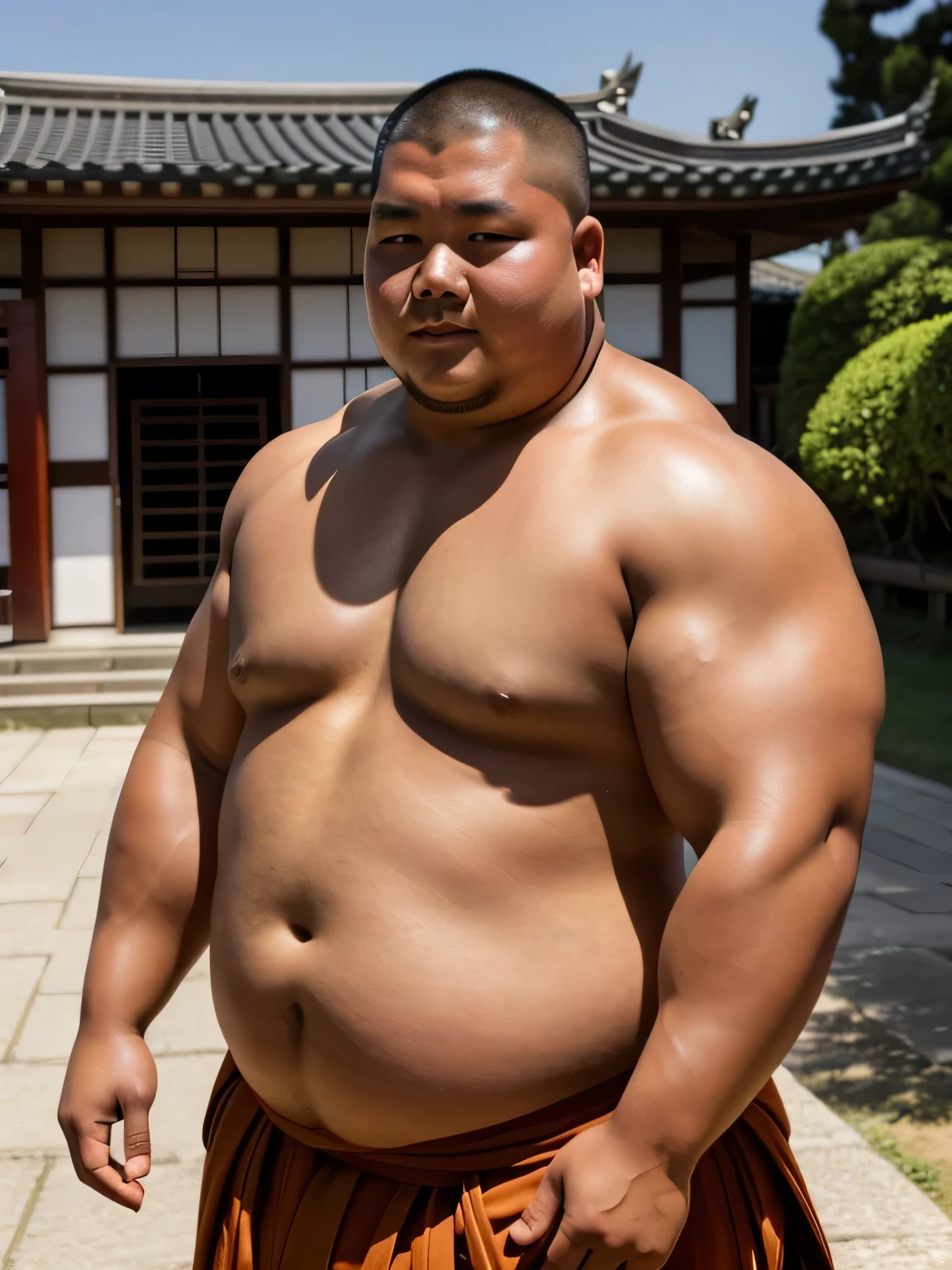 A young monk from ancient Japan, who looks like a fat bodybuilder like a sumo wrestler、He was standing there with a sunburned face and a haggard look on his face.