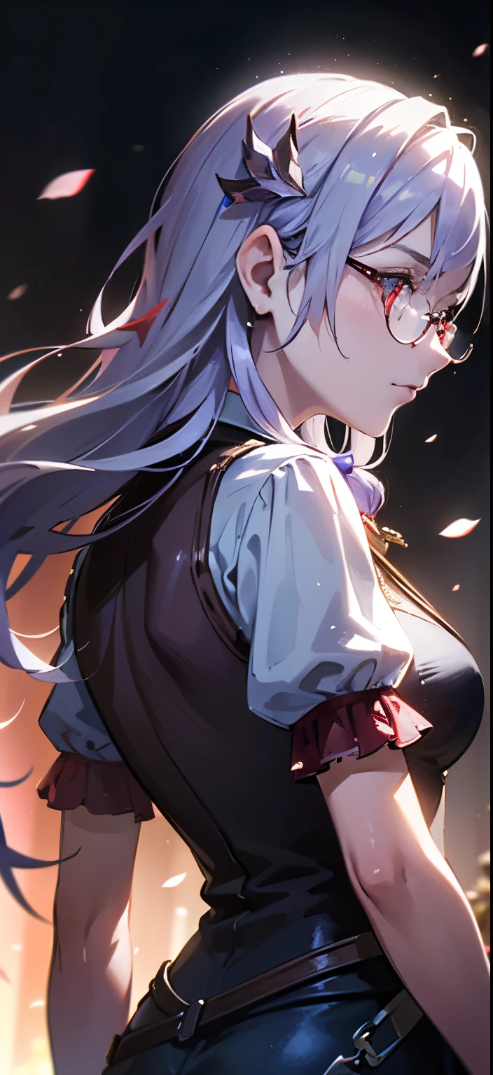 (Beautiful woman:1.2), Realistic and perfect face portraits, Perfect hands,Gabe Newell, Turn off portraits, 19th century cowboys, Rendering with Octane, Unreal Engine 5, 8k, atmosphere (Lighting:1.3), Complex,Diamond shaped hair ornament,(((Facing forward))),profile, Light purple hair,Cherry Blossoms at Night,(Round red glasses),Yuki Izumi