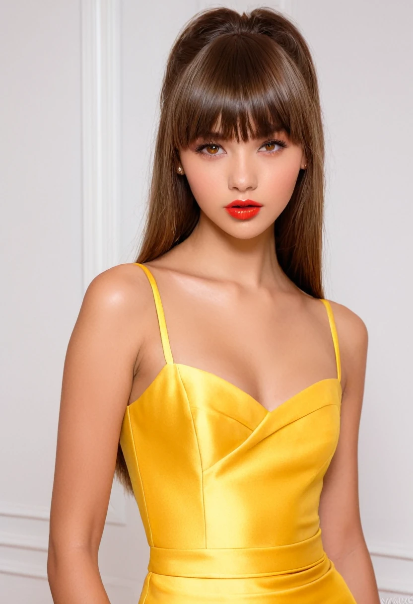 mejor calidad,Obra maestra,cara detallada. A 16 year old girl, piel blanca, rasgos estadounidense, long brown hair with bangs, ojos color marron claro, natural full lips, atractiva, She looks older in a tight-fitting yellow dress with elegant haute couture details. A 20 year old girl, rasgos estadounidense, piel blanca, Brown hair, ojos marron claro, labios carnoso con labial rojo, cuerpo voluptuoso, elegant bodycon dress.
24 year old man, rasgos estadounidense, piel blanca, Brown hair, ojos marron claro, labios carnosos, elegante con traje. Juntos