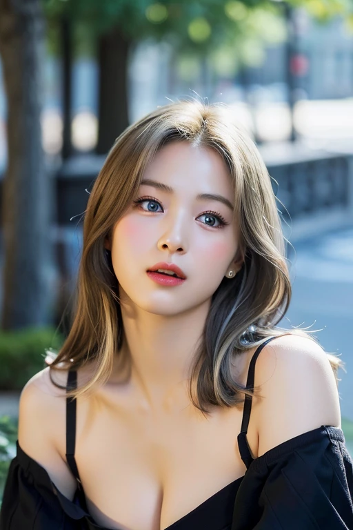 highest quality、masterpiece、超A high resolution、(Photorealistic:1.4)、RAW Photos、One girl、Blonde、blue eyes、Eyes and facial details、((Off the shoulder、Too much exposed skin、Cleavage Emphasis))