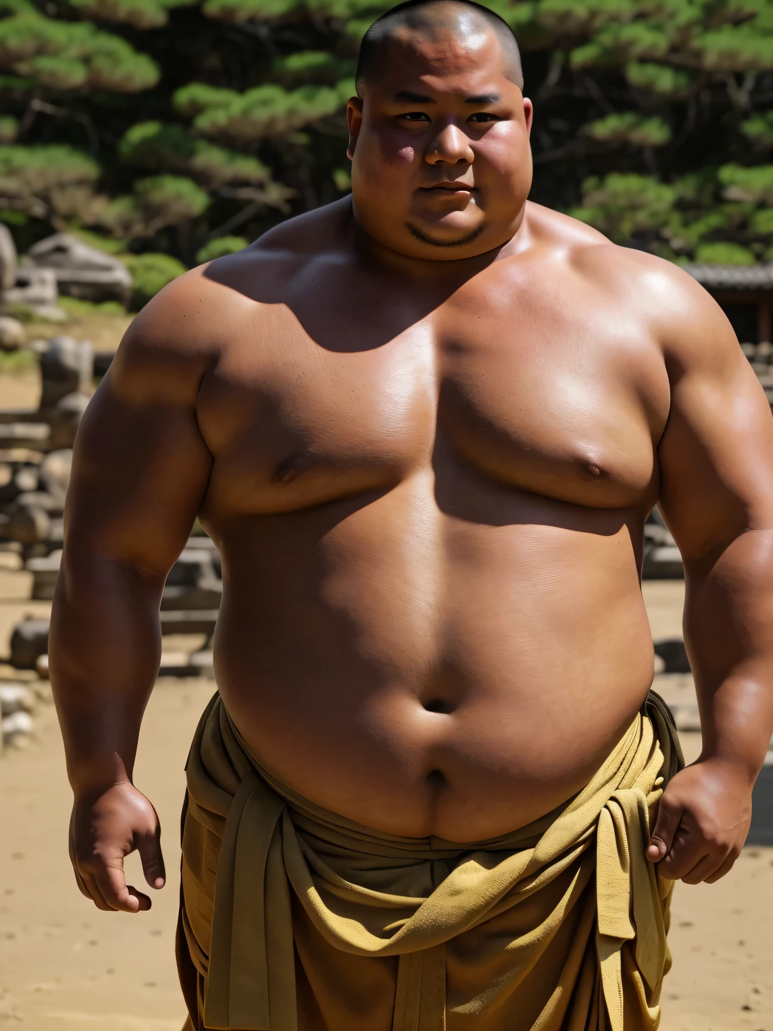 Young monk in ancient Japan, He looks like a fat bodybuilder, like a sumo wrestler.、He stood there with a sunburned face and a haggard look..
