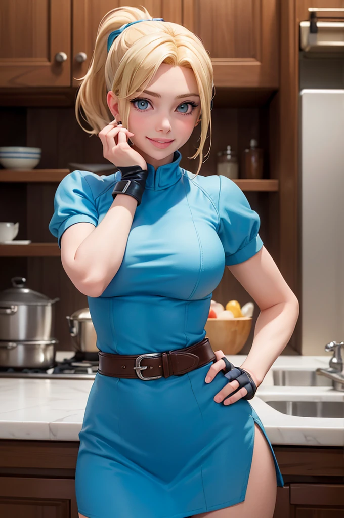 (masterpiece, best quality:1.2), cowboy shot, solo, 1girl, piper, smile, looking at viewer, (hand on own cheek:1.2), blonde hair, ponytail, blue dress, puffy short sleeves, fingerless gloves, kitchen, big breasts, ultra-thin-waist, ultra-wide-hips. Scarlett Johanson.