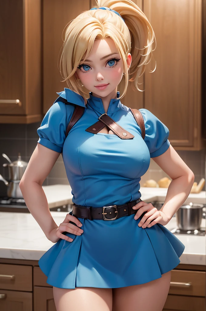 (masterpiece, best quality:1.2), cowboy shot, solo, 1girl, piper, smile, looking at viewer, (hand on own cheek:1.2), blonde hair, ponytail, blue dress, puffy short sleeves, fingerless gloves, kitchen, big breasts, ultra-thin-waist, ultra-wide-hips. Scarlett Johanson.