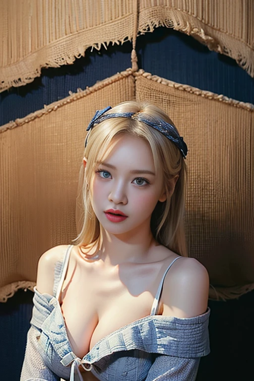 highest quality、masterpiece、超A high resolution、(Photorealistic:1.4)、RAW Photos、One girl、Blonde、blue eyes、Eyes and facial details、((Off the shoulder、Too much exposed skin、Cleavage Emphasis))