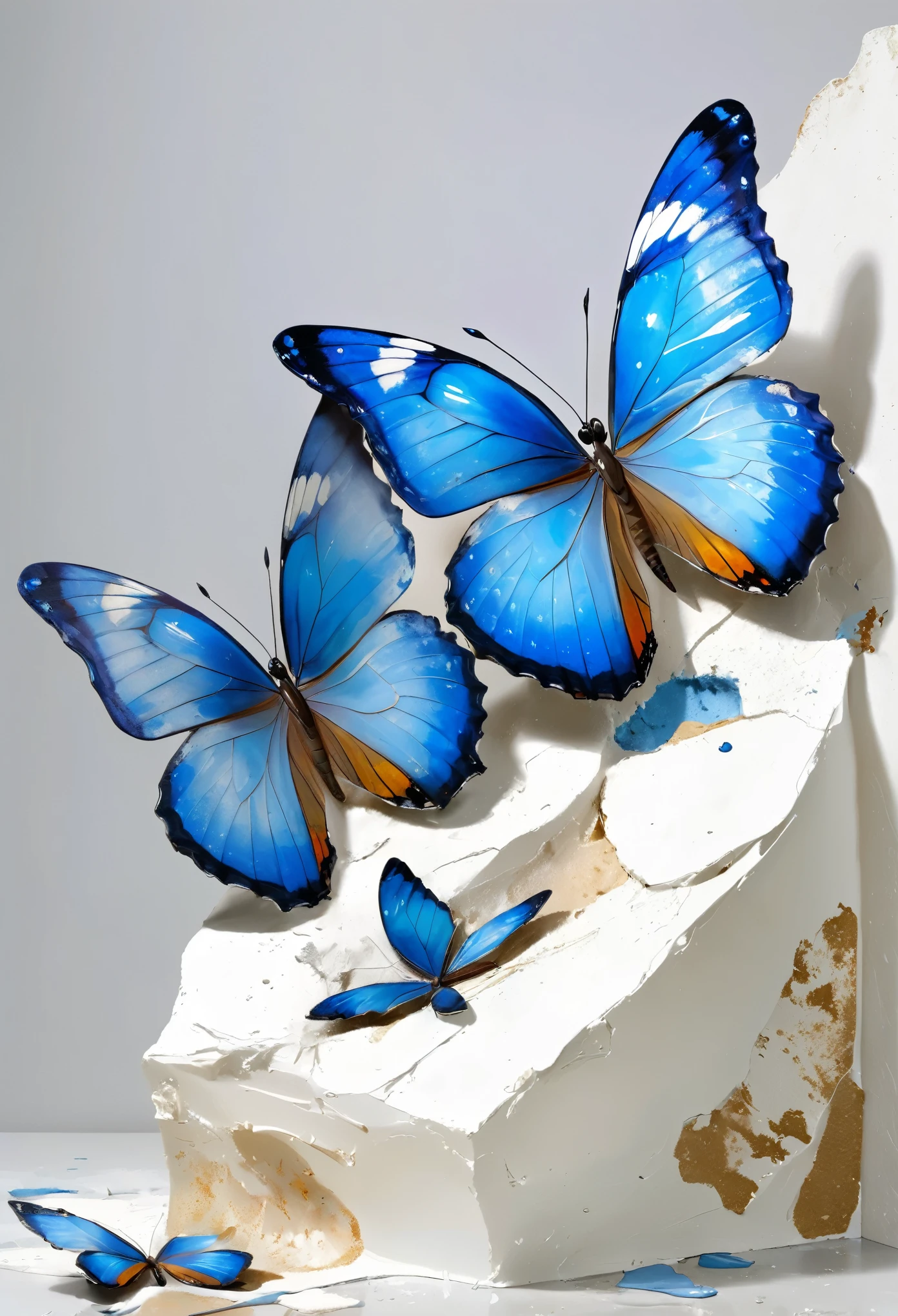 Art work，3D，A delicate blue butterfly in the portrait on a broken white plaster statue，Low paint，grace，