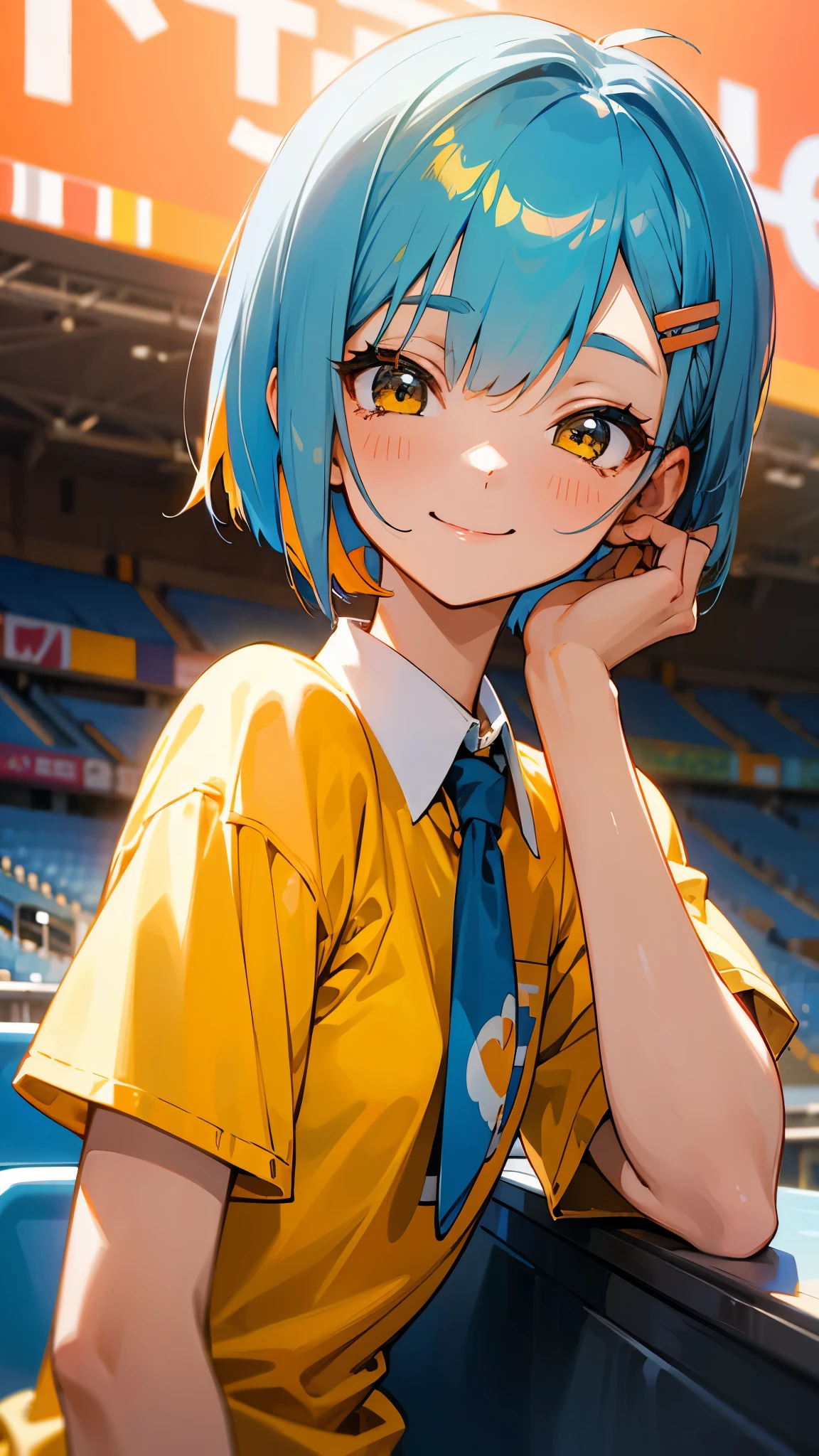 1 girl、anime painting、shrimp、Shiny light blue hair、Short Bob Hairstyles、Tie your hair with an orange hair clip、Beautiful brown eyes、Vibrant colors、yellow shirt、Happy smile、smile、From the side、Upper body close-up、Stadium stand seating background
