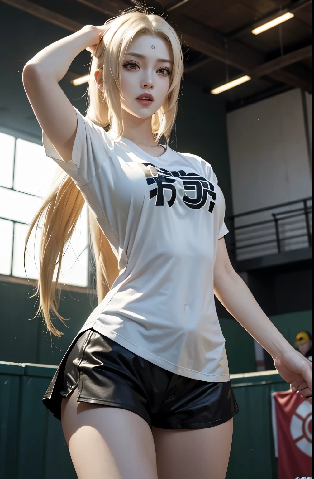 1 woman, tsunade senju in anime naruto shippuden, long hair , yellow hair, yellow eyes, big bust, laugh, happy, beautiful, cheerleader, Dance, wearing a red tight t-shirt, wearing white short hot pants, realistic clothes, detail clothes, baseball field audience seats background, ultra detail, realistic