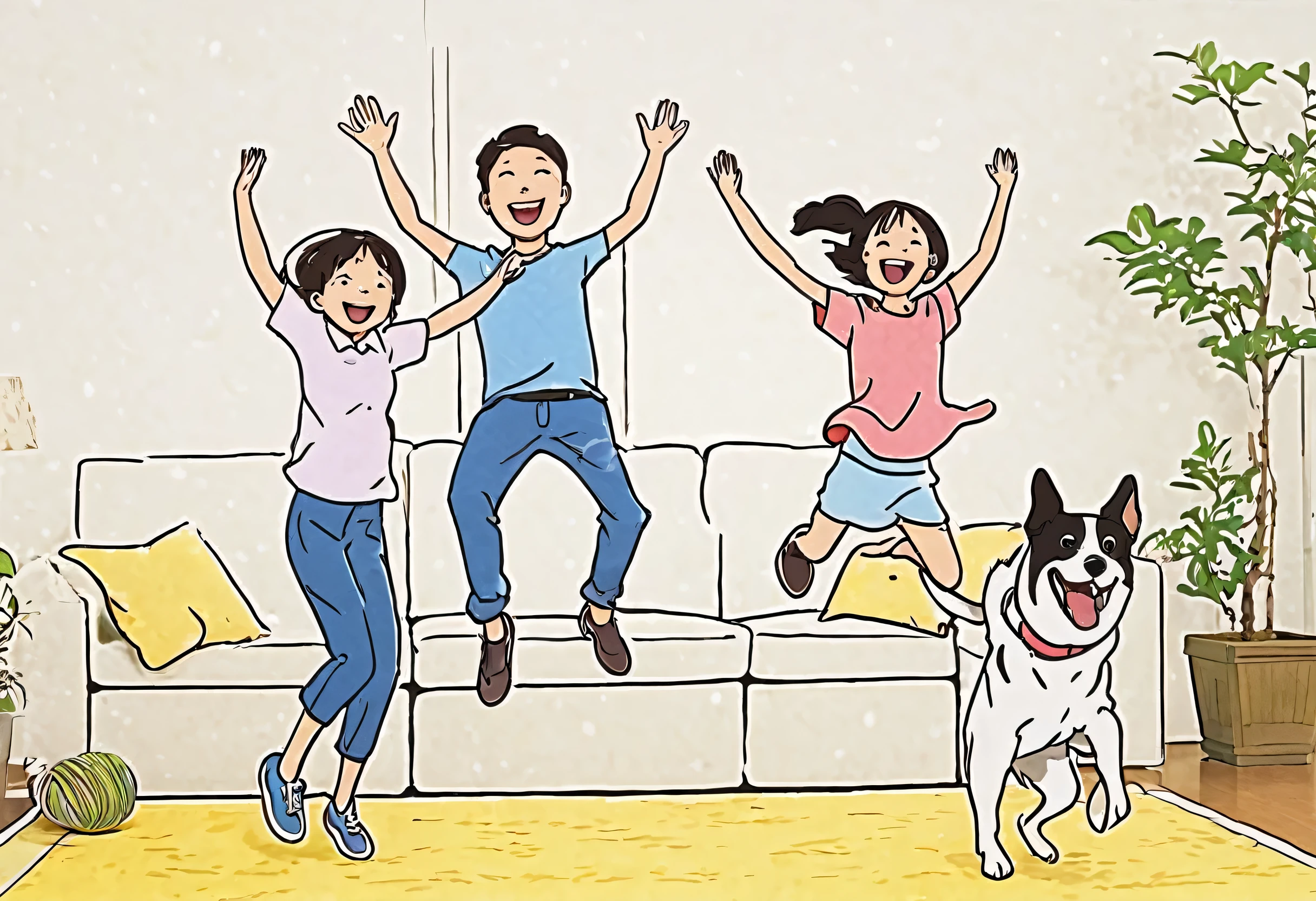 Family having fun jumping with their dog, Written by Yasutomo Oka, Shutterstock, Free Image, Happy family, Pause(Raise the hand + Happy), stockphoto, Exciting Illustrations, Happy!!!, High quality illustrations, .eps, stock, Manga illustration, Clip art, High resolution!!, Clip art, Advertising images, Happy people