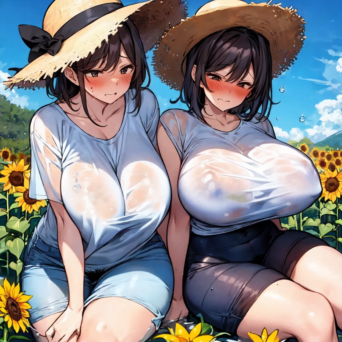 Sunflower field、summer、Straw hat、sunny、White shirt、Big Breasts、Breasts pushing up clothes、Tight clothes、No bra、Protruding nipples、Blushed cheeks、Embarrassed、Sit with your legs apart、Wet clothes、after the rain、Clothes are see-through、Protruding pubic hair