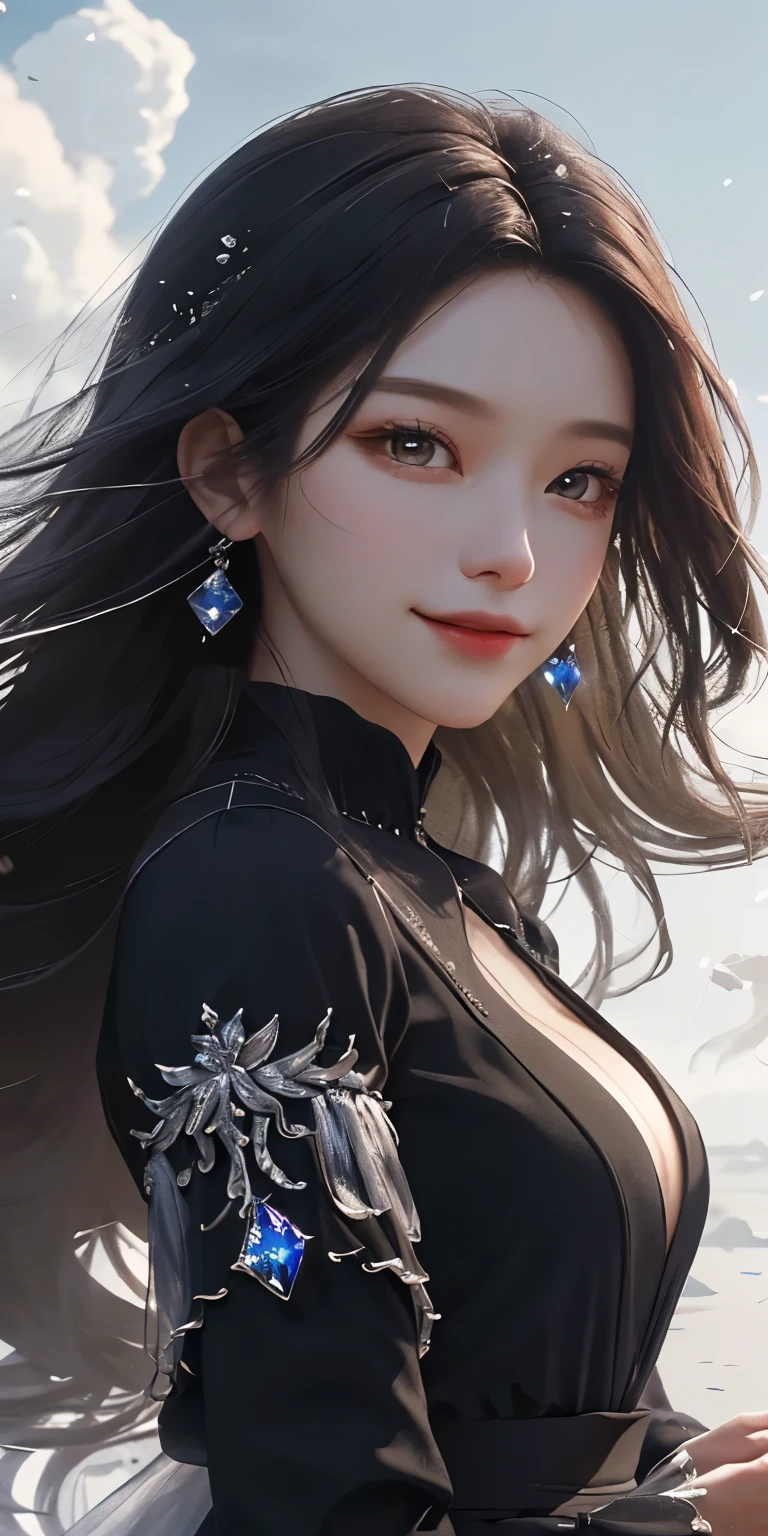 (masterpiece, Highest品質, Highest, Official Art, beautifully、aesthetic, exposed for a long time: 1.2), Smooth movement, Captivating patterns, 1 girl, (Long Skirt with Sleeves: 1.3), (((Black clothes))), Upper Body close-up, No shoulders, Korean Girls, blush, （White long hair、Long white hair）, Portraiture, alone, Upper Body, , Thin legs、Great cleavage, smile, Face close-up, Ultra Wide Angle, gaze observer, Detailed Background, Detailed face, (Crystal AI, Crystal theme: 1.1), Wind Spirit, Spinning wind, Controlling the Wind, Black crystal outfit, Dynamic pose, Suspended particles, Spiritual Power, whirlwind, vapor, whirlwind in background, White Tone, whirlwind, Mysterious atmosphere,