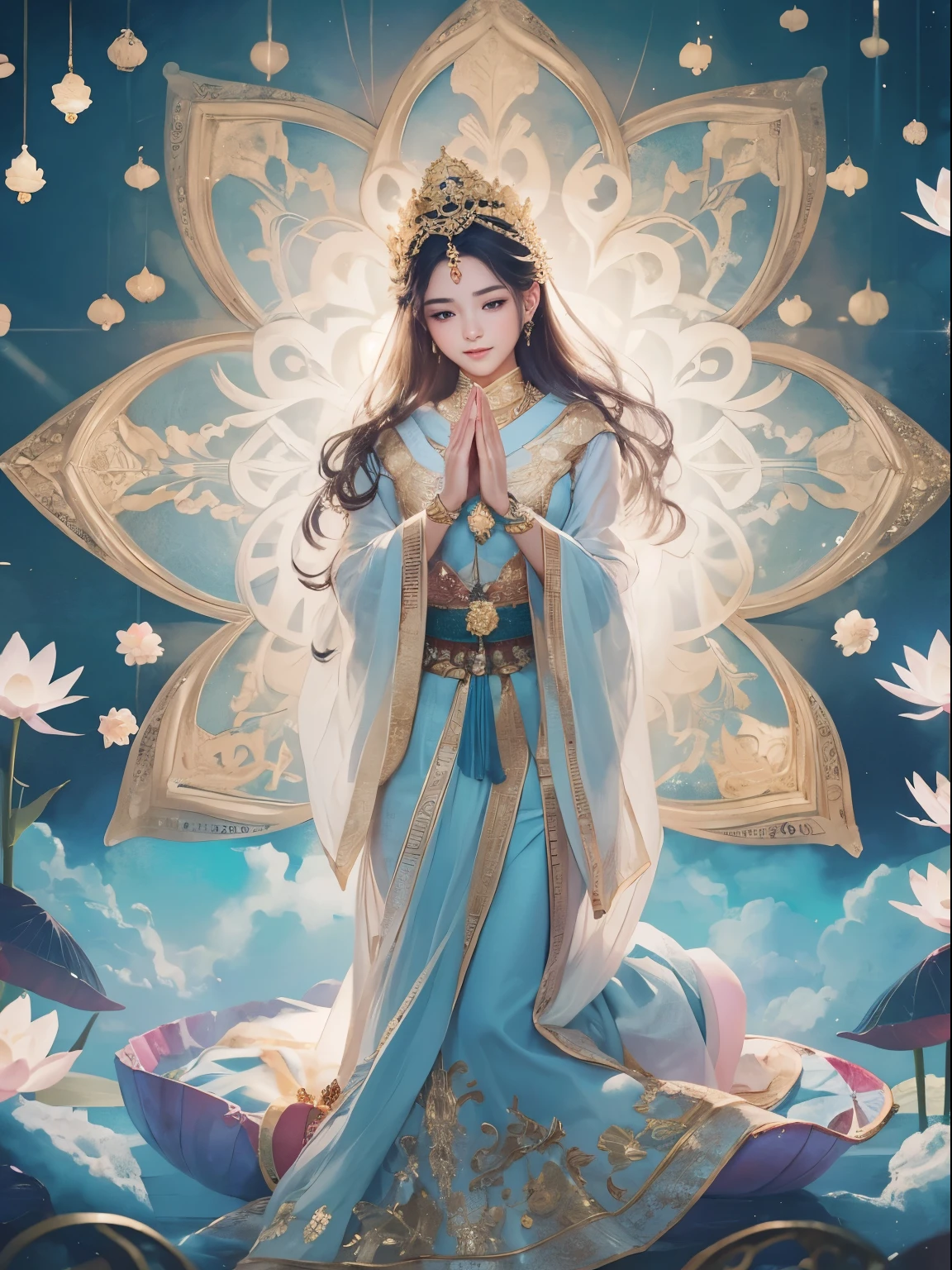 highest quality，masterpiece：1.2，detailed details，A beautiful young goddess looks straight ahead and stares with wide eyes.，Smiling Kindly. She is meditating in prayer with folded hands. She was wearing a white dress with stars shining against the blue night sky., You are sitting on a lotus flower，In a wonderful atmosphere，I feel like I&#39;m one with the universe.. High resolution, 8k