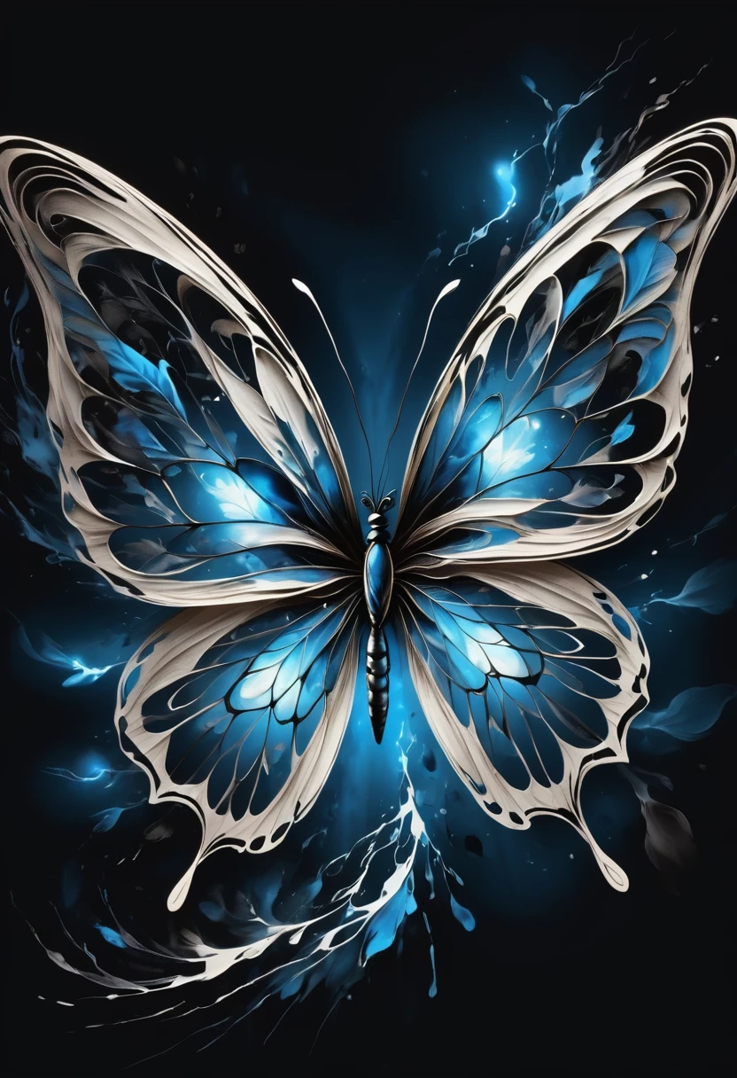 (best quality,4K,high resolution:1.2),Super detailed,Practical,black and white,traditional media,Pencil Sketch:1.2,Chaotic lines,[[[Artist Moussa]]],On a dark background,Blue electric charges forming the stylized silhouette of a butterfly,Bioluminescence