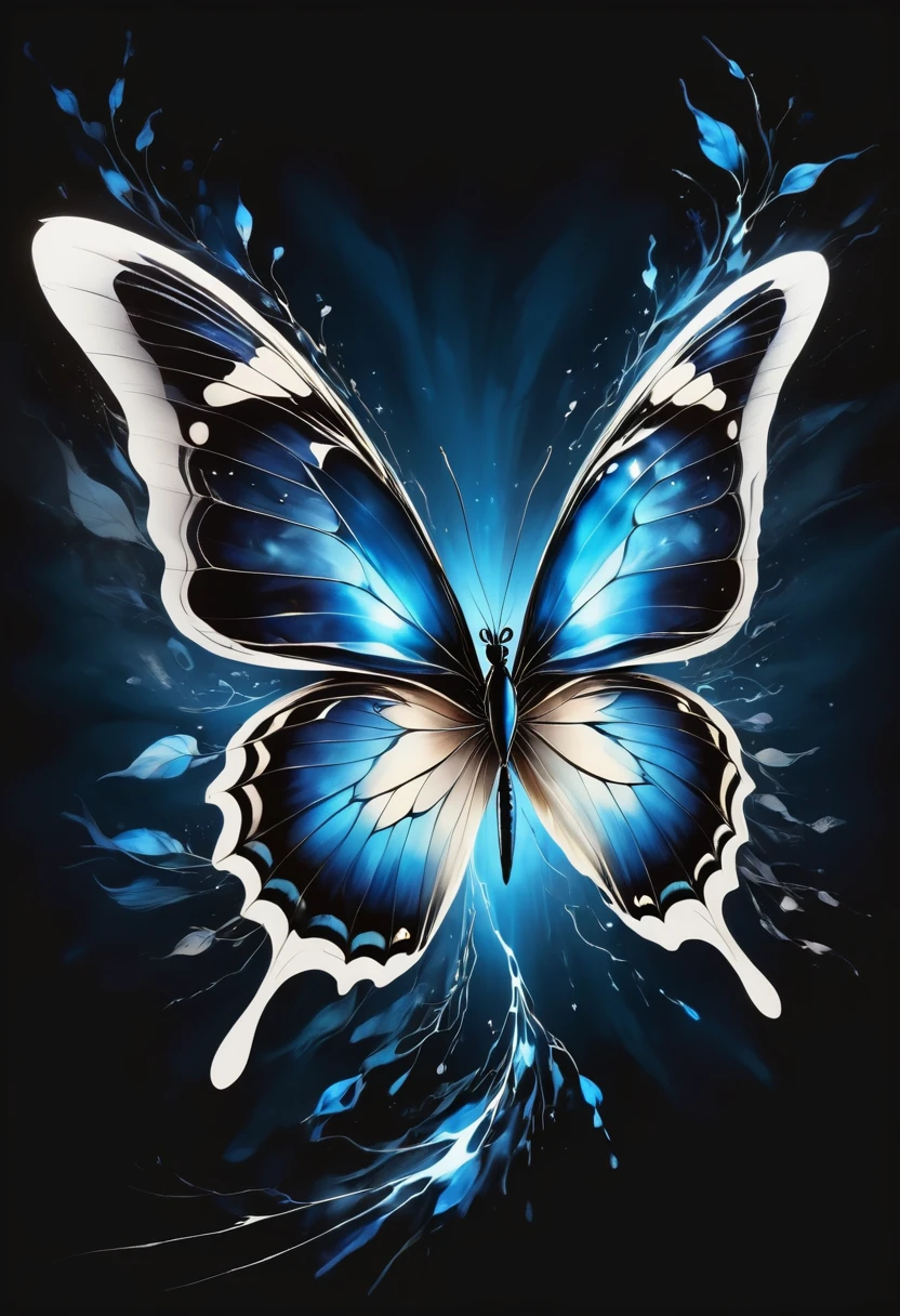 (best quality,4K,high resolution:1.2),Super detailed,Practical,black and white,traditional media,Pencil Sketch:1.2,Chaotic lines,[[[Artist Moussa]]],On a dark background,Blue electric charges forming the stylized silhouette of a butterfly,Bioluminescence