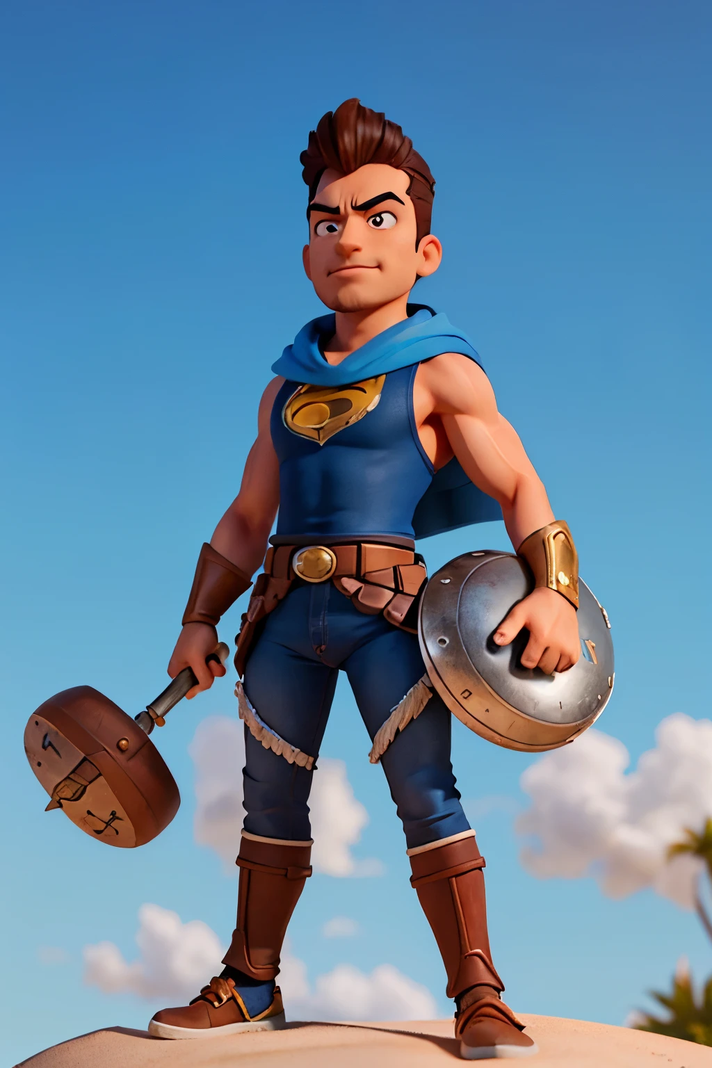 necesito que crees una imagen de un personaje masculino de estilo anime 3d de disney pixar, llamado AndySF, que se ve de cuerpo entero con sus pies apoyados en la tierra, with the following features: Cabeza y rostro del personaje: cabeza ligeramente ovalada con cara rectangular, Protruding, angled superhero-style jaws. Piel blanca, ojos celestes y una media sonrisa, cabello negro con un gran jopo hacia arriba y levemente inclinado hacia el lado derecho (No tiene el pelo largo), el cabello esta rapado o muy corto en los laterales de la cabeza, and has a very short almost invisible beard shadow that helps to further define his jaw. Vestimenta del personaje: luce una armadura futurista de metal plateada y brillante que cubre todo su cuerpo. La armadura tiene estampada una gran balanza en equilibrio en el centro del pecho. On his right arm he has a large silver metallic shield seen from the front with a compass stamped in its center.. Cuerpo del personaje: Athletic and muscular, pero no exageradamente musculoso, como una persona de unos 80 kilos que entrena mucho en el gimnasio. The volume of his muscles is most noticeable in the area of his arms, pecho y hombros. Actitud del personaje: desafiante, decidido, valiente, with a lot of self-confidence. Character Position: He is in a dynamic pose, as if he were fighting and defending himself from his enemies, permanece erguido y con la frente en alto. Entorno del personaje: It is in a desert with a completely luminous background, without any objects around it, His feet are resting on the white sand of the desert.