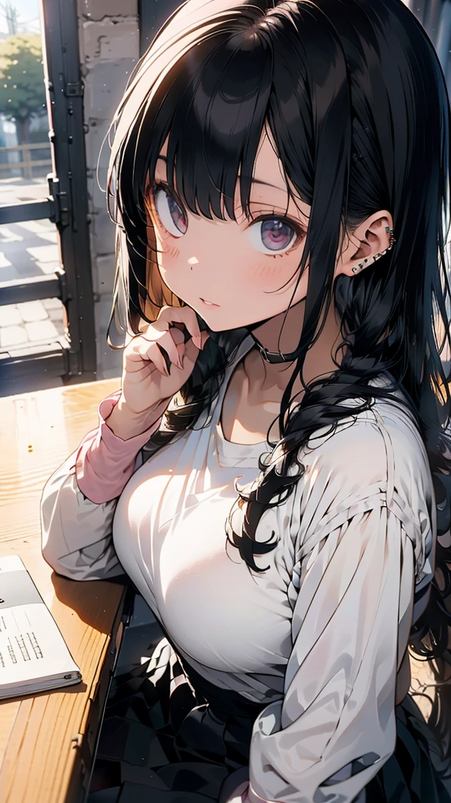 ((highest quality)), ((masterpiece)),High resolution (High Dynamic Range),Ray tracing, Super Resolution, (((anime screencap, black outline, Written boundary depth , written soft outline))), blur, bokeh, Maximum clarity and sharpness,Multilayer Texture,surface shading,Accurate simulation of light-matter interactions,Perfect Proportions,Two-tone lighting, White balance,8K, two woman, BREAK beautiful hair, Beautiful Face, Beautiful and beautiful eyes, Beautiful body, Beautiful breasts, Beautiful thighs, Beautiful feet, Beautiful fingers, (Beautiful views) , breast enlarged, large breast, perky tits, (blush, 20 years, seductive adult woman , anime gyaru , Narrow eyes) , streaked hair, piercing, hair intakes, ear piercing, colored inner hair, pixie cut Hair, twin-braid, (((light pink)) High-Waist-Pleated-Skirt:1.3), (\(light green floral lingerie princess maid costume with detailed-ruffles\):1.5, (Puff-Sleeve:1.3), BREAK (((portrait, close up, cowboy shot, looking at viewer, \(face waiting for kiss\):1.3))), ((breast on table:1.3)) BREAK (sitting, a girl relaxing in a bedroom:1.3, book and coffee cup on table, Inside a crowded cafe),