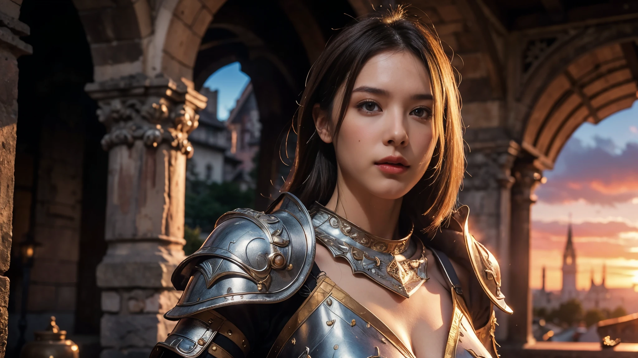 individual, Very beautiful blonde girl, Gorgeous armor,Complex patterns,, Very detailed,Large Breasts, Deadly Face, Mouth tightly shut,Sharp focus, In the background is a huge castle,Sunset, Concept Art, Very detailed, Realistic, Octane Rendering, Unreal Engine, Depth of Field, Pentagonal Bokeh,dramatic,Half-length shot,Looking at the camera
