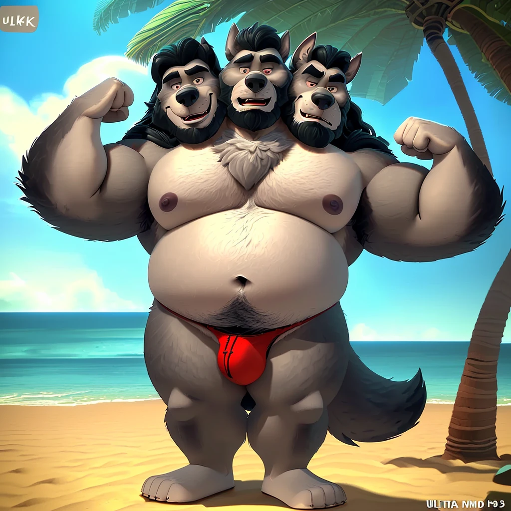 solo, three headed gray wolf, wolf tail:1.3, (identical:1.3), (adult male, 50 year old male, (stylized 3d, by disney, by rembrandt), by pixar:1.1, by dramamine, (fat, dadbod, chubby, long black hair, beard, gray fur, white belly, white chest, old, ugly), beach background, (thong, bulge, navel, nipples), correct hands, correct anatomy, (detailed eyes:1.2, cartoon eyes:1.2, small dark pupils, masculine eyes), (ultradetailed, best quality, detailed masterpiece, highly detailed masterpiece, 4k, professional cartoon:1.7), ((flexing:1.3, natural pose:1.3, nuanced expressions:1.3))