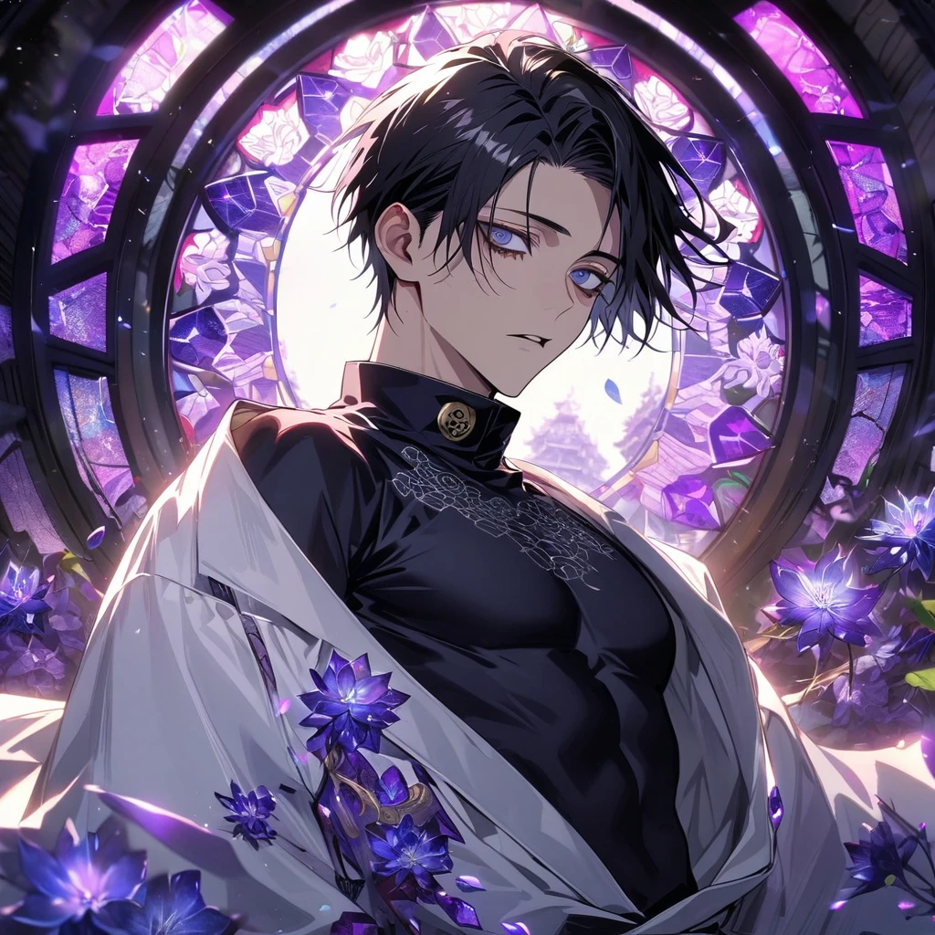Ultra detailed, HDR, Highres, absurdres, master piece, Okkotsu Yuuta, expressive dark blue eyes, black hair, dark circles under the eyes, Jujutsu Kaisen, white long coat with patterns, black tight shirt, purple stained glass, purple ice, petals, purple ice flowers, sexy man, solo, extremely detailed face and eyes, extremely handsome, glittering, toned chest, dark glittering eyes,