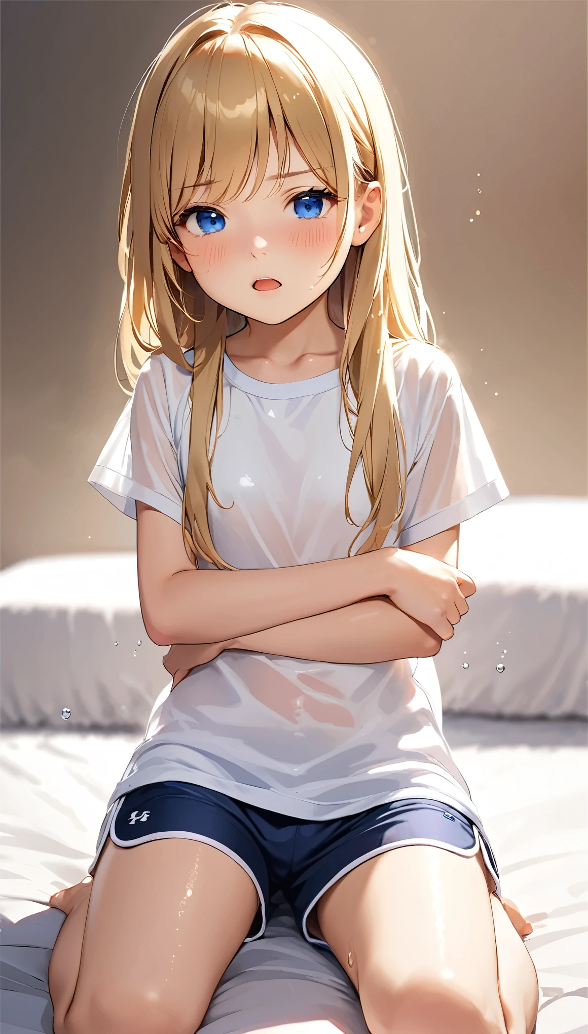 highest quality,1girl,(((()))),flat chest,orgasm,blush, sweat,long hair,blonde hair,blue eyes,white shirt,dolphin shorts,wet,see through