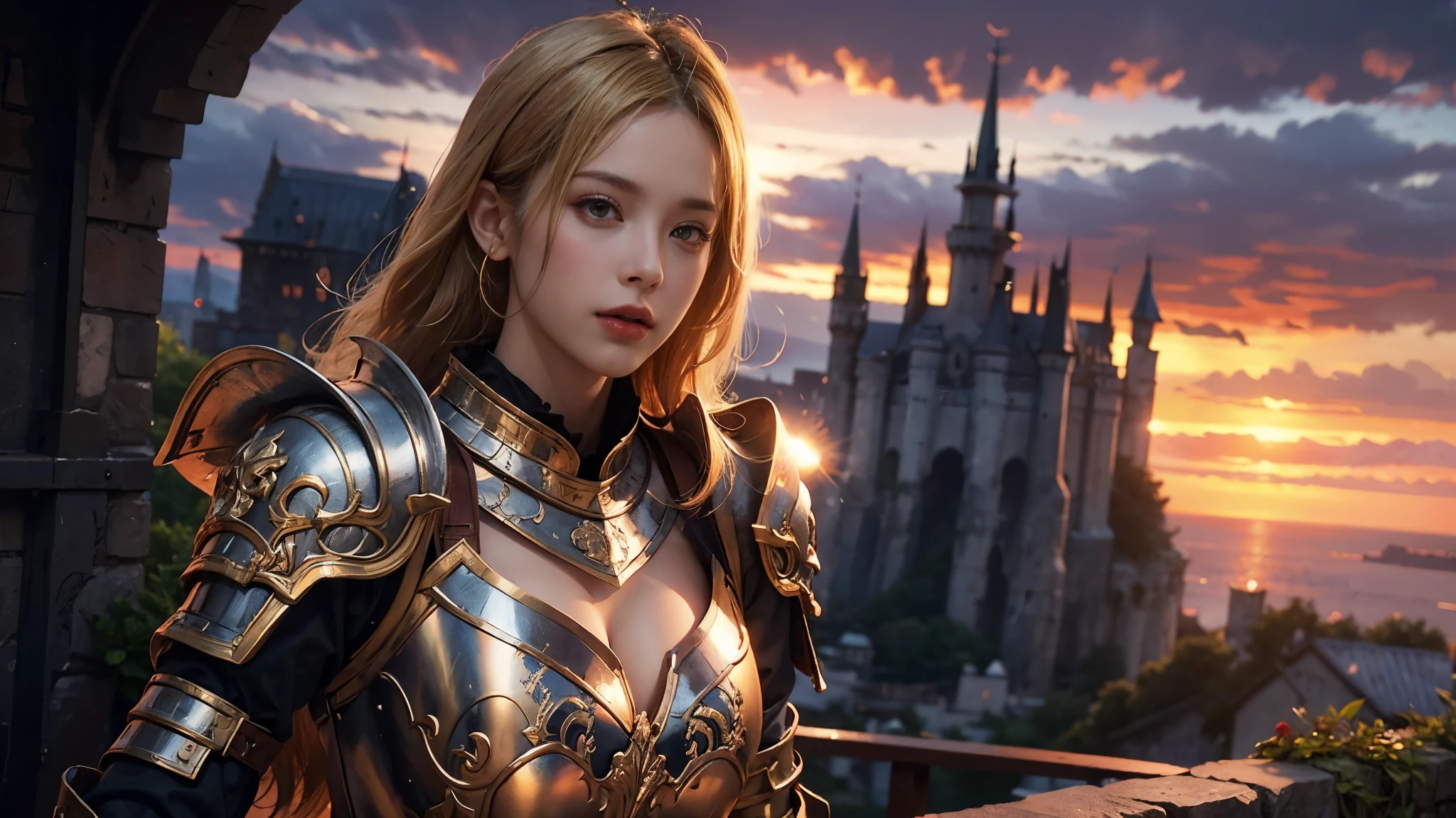 individual, Very beautiful blonde girl, Gorgeous armor,Complex patterns,, Very detailed,Large Breasts, Deadly Face, Mouth tightly shut,Sharp focus, In the background is a huge castle,Sunset, Concept Art, Very detailed, Realistic, Octane Rendering, Unreal Engine, Depth of Field, Pentagonal Bokeh,dramatic,Half-length shot,Looking at the camera