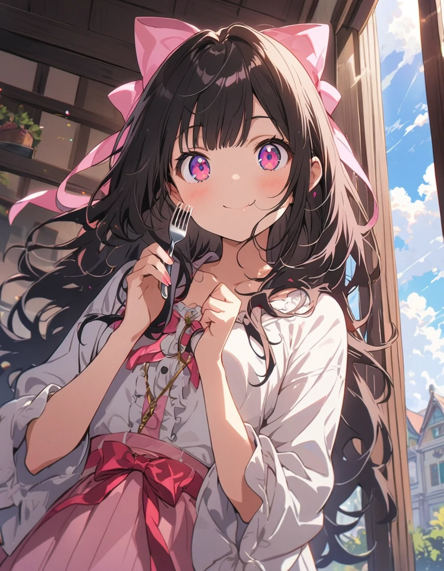 (1 girl)、(Eating spaghetti Napolitana skillfully using a fork)、(Extremely detailed Neapolitan)、Inside the cafe at noon、Smiling、(highest quality、masterpiece、High resolution、detailed)、animeスタイル、Flat Style、(iridescent eyes,Beautiful Face),extremely detailed、floating, (High saturation), Sunshine from the window, (Shine), Focus on Neapolitan:1.2, Dynamic Angle、anime