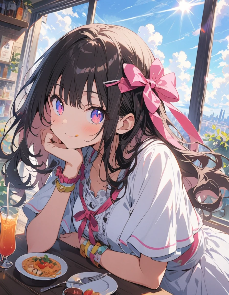 (1 girl)、(Eating spaghetti Napolitana skillfully using a fork)、(Extremely detailed Neapolitan)、Inside the cafe at noon、Smiling、(highest quality、masterpiece、High resolution、detailed)、animeスタイル、Flat Style、(iridescent eyes,Beautiful Face),extremely detailed、floating, (High saturation), Sunshine from the window, (Shine), Focus on Neapolitan:1.2, Dynamic Angle、anime