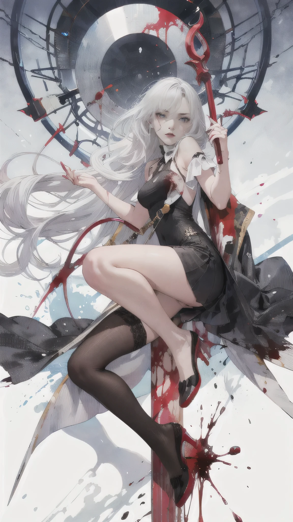 (best quality,highres,ultra-detailed:1.2),a woman with a blood-stained scythe, disheveled hairstyle, long braids, a woman with dyed white hair, 28 years old, wearing a black short-sleeved dress, lace at the hem., alluring atmosphere, charming, beautiful, blood pool at her feet, ((There was blood on my face.:0.8))