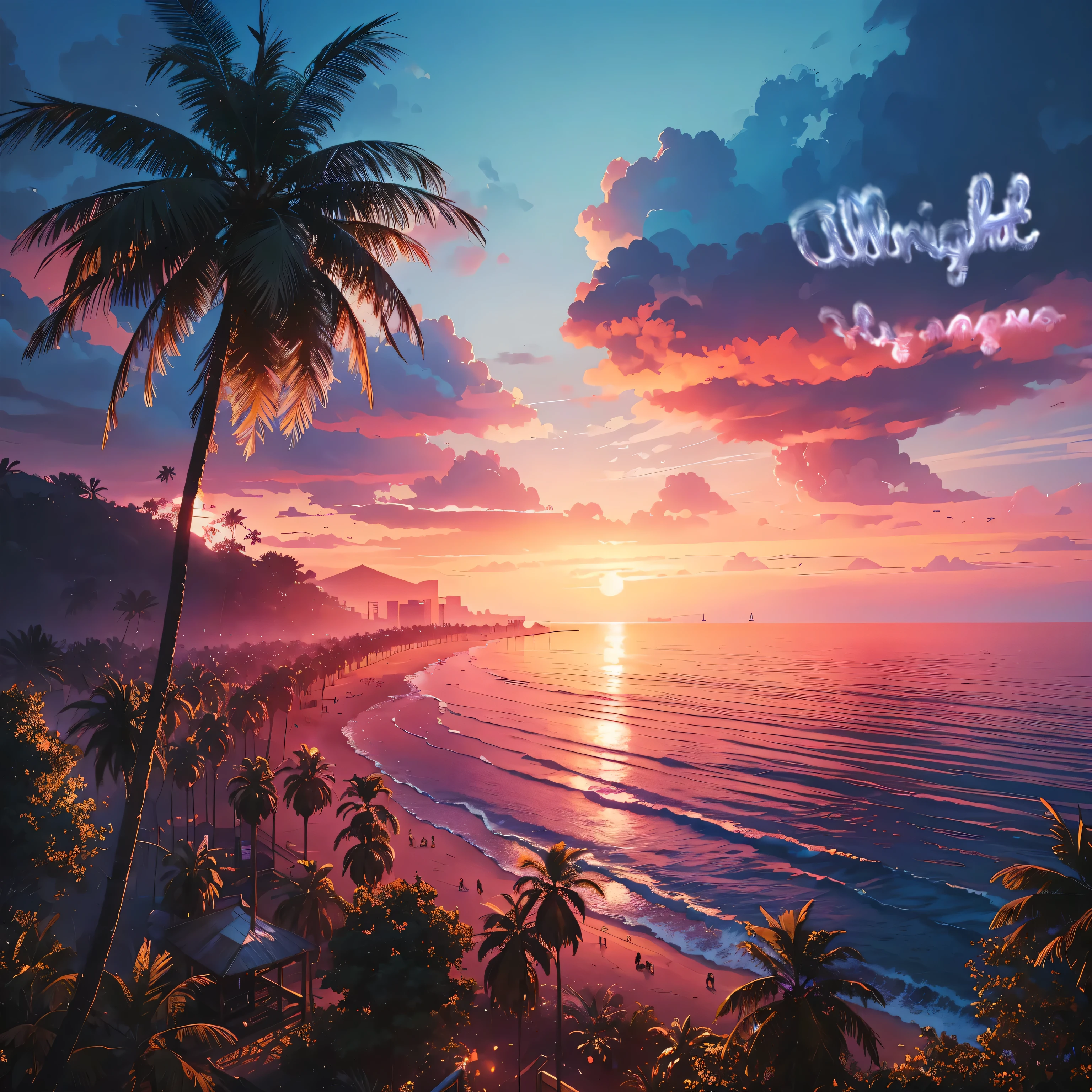 sunset over the beach with palm trees and bright sky, Highly detailed 4K digital art, anime art wallpaper 4k, anime art wallpaper 4k, beautiful digital images, High quality detailed 8K graphics, anime wallpaper 4k, anime wallpaper 4k, 4k anime wallpaper, beautiful art uhd 4k, Detailed digital art 4k