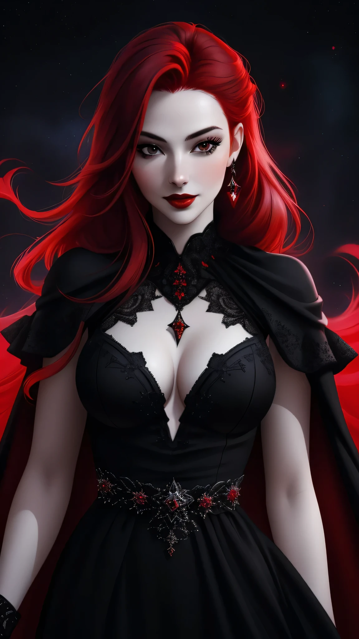 ((vivid red hair)), mature woman, 30 years old, diamond face, red starry sky background, depth of field, magic, big red lips, ((dark and black eyes)) black and red long and full dress, covered chest, mystical atmosphere, ominous shadows, Intense blue aura, Intense red aura (best quality:1.2), absurdres, intricate details, (highly detailed skin:1.2), smile expression, posing, taut and well defined body, attractive. Highly realistic, pale skin, beautiful, hyperrealism, skin very elaborated, direct gaze,