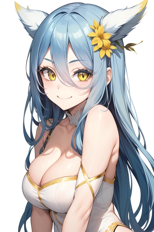 1girl, solo, upper body,
blue hair, long hair,
yellow eyes, long eyelashes, thick eyelashes, looking at viewer,
smile, blushing,
white background, simple background