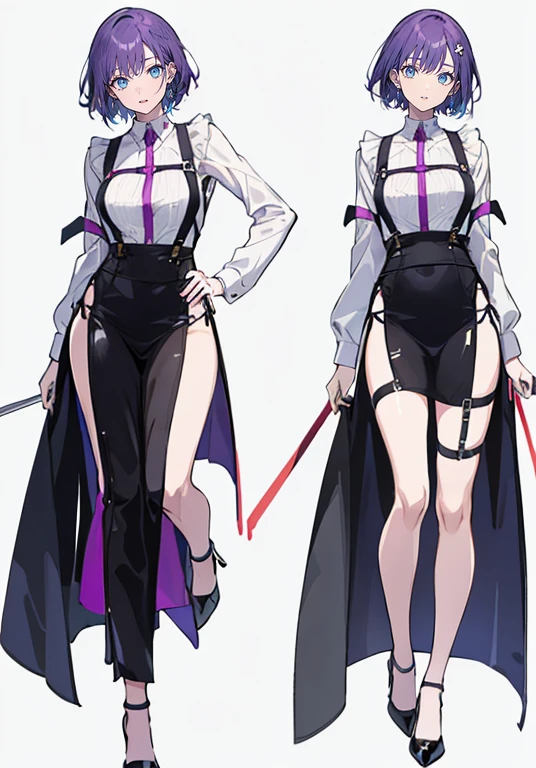 Purple Hair,Shortcuts,Adult female,(bartender),((Body Harness)),((Rolling up his sleevesYshirt)),(slit),High heels,,((Simple Background)),smile,((Full Body)),((full body)),((whole body)),Character Sheet,upright,,Both arms hanging straight down