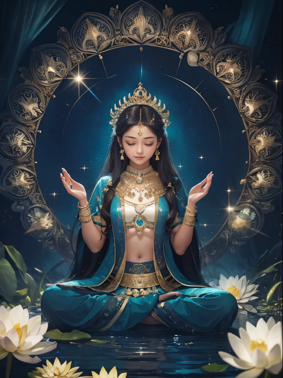 highest quality,masterpiece:1.2,detailed details,A beautiful young goddess looks straight ahead and stares with wide eyes.,Smiling Kindly. She is meditating in prayer with folded hands. She was wearing a white dress with stars shining against the blue night sky., You sit on a lotus flower,In a wonderful atmosphere,I feel like I'm one with the universe.. High resolution, 8k