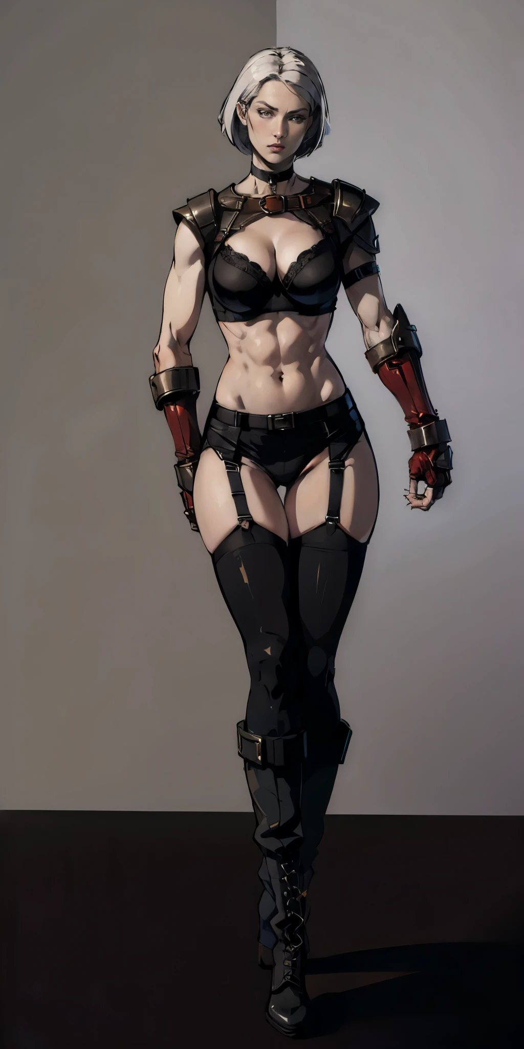 ((Plain background 1:2)) (Cammy White Street Fighter white silver short bob haircut) Female full body standing straight symmetrical looking to the viewer RED full body armored (handcuffs, shackles, rerebrace, faulds, poleyn, gauntlets, leather collar choker, gloves, gauntlets, high boots bootstraps, long stockings) 2 crossing big belt under belly button, navel, abs, garter straps belts attaching bra. this character embodies a finely crafted fantasy style female military officer in anime style, exquisite and mature manga art style, pale skin, big breast knockers cleavage