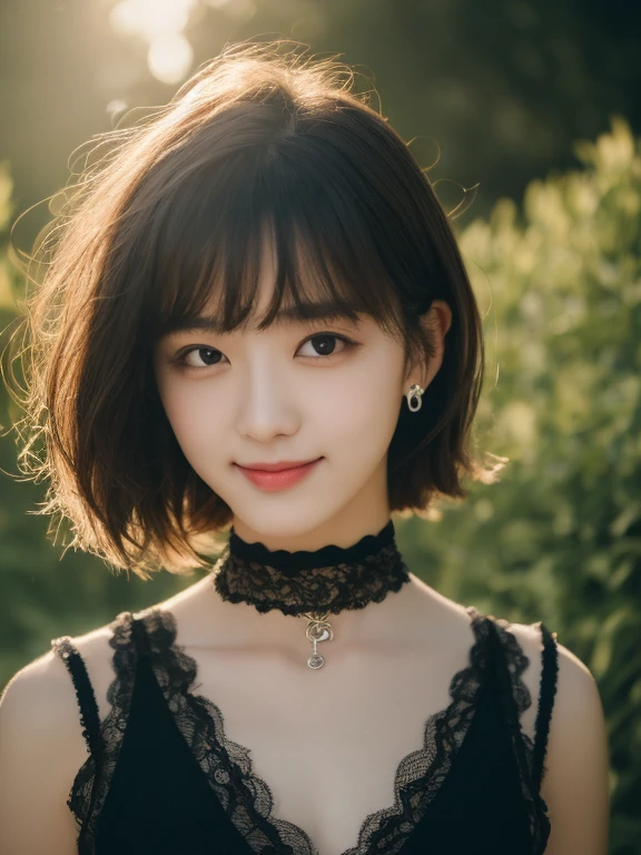highest quality， masterpiece， Ultra-high resolution， （Realistically：1.5）， RAW Photos， One girl， smile，b shoulder，Choker Necklace，Black lace eye patch，Dark Night， Dark shading， Low Tone， Cold Light， sexy look， Short fine hair，Light of the sun