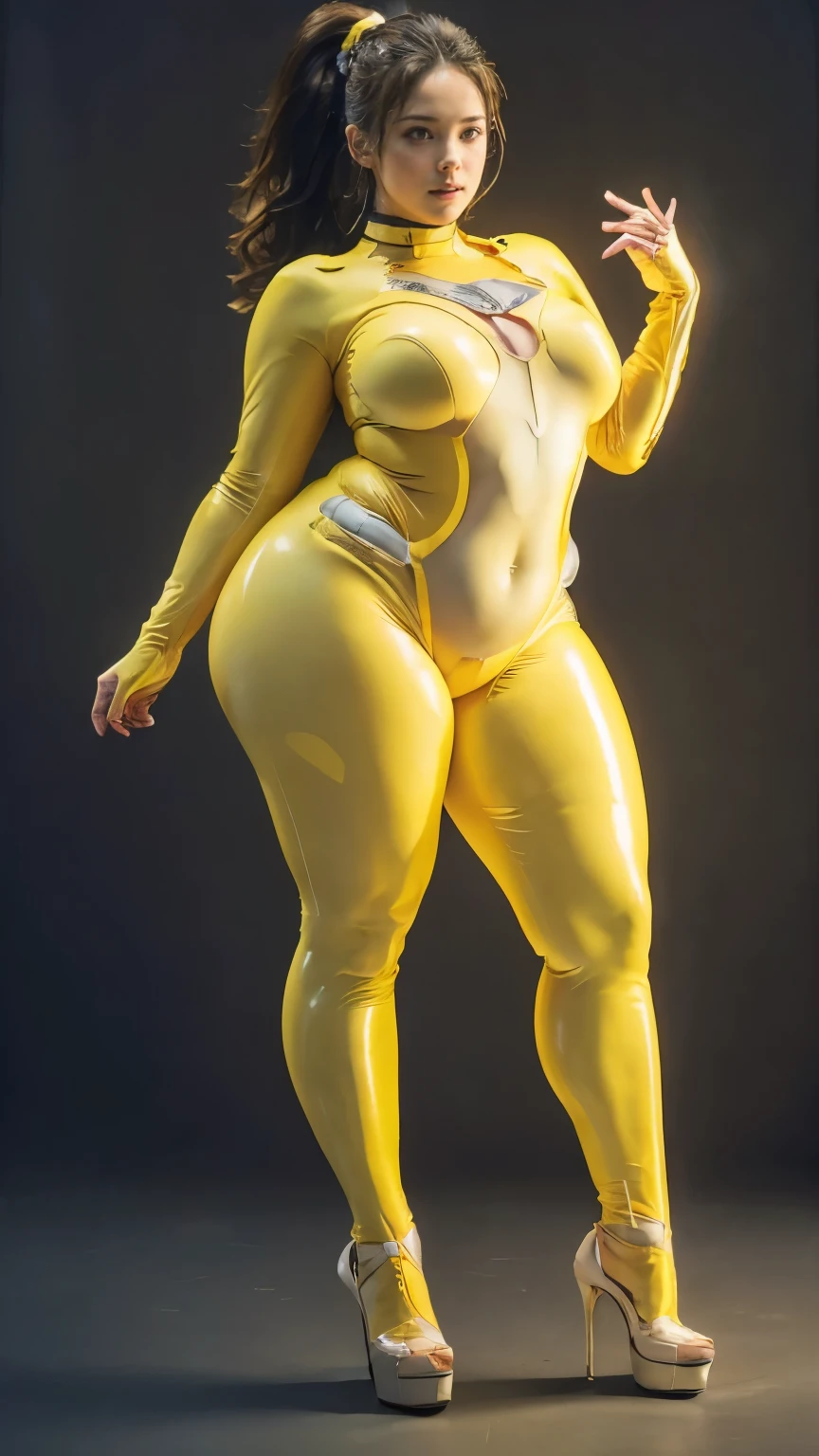 (highest quality、8k、32k、masterpiece、Ultra-high resolution:1.2、Perfect body beauty:1.2、Wearing a futuristic hero suit that glows pale yellow and white:1.5、Cute 25 year old White woman、Big and ample :1.5、Upper Body、front、Simple Background、Looking at the audience、Dynamic pose:1.8、sunli、nswf:1.5 ((Light yellow rubber suit)),((Huge slack)),((heavy body)),((Wide Hips)),((Thick body)),((Fat belly)),((Fat girl)),((Chubby)),((Big Size)),((White woman)),((Brown Hair)),((short hair)),((blue eyes)),((Full body portrait))、Long socks、I can't see my bare skin、High heels、Full body portrait、ponytail、Simple Background、Full body portrait、Full body portrait、High heels、Stand with your feet shoulder-width apart、One Woman、